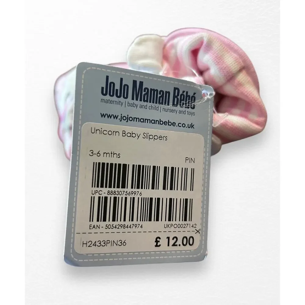 NWT JoJo Maman Bébé Unicorn Baby Slippers, 3-6 Months